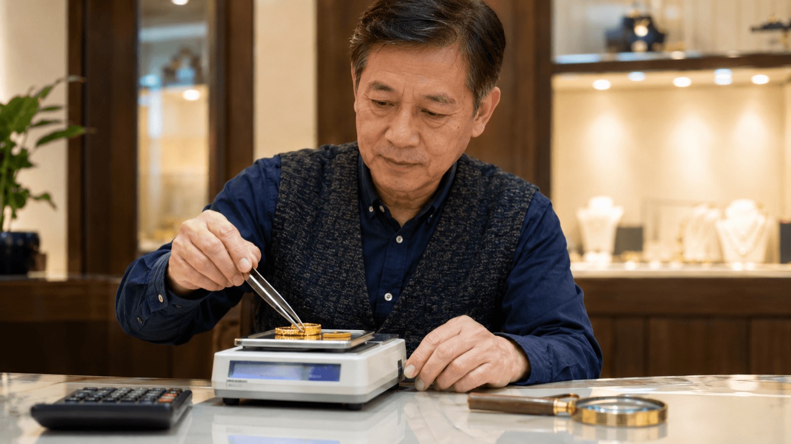台中黃金回收估價，東興當舖老闆親自用電子秤秤金、不亂扣重
