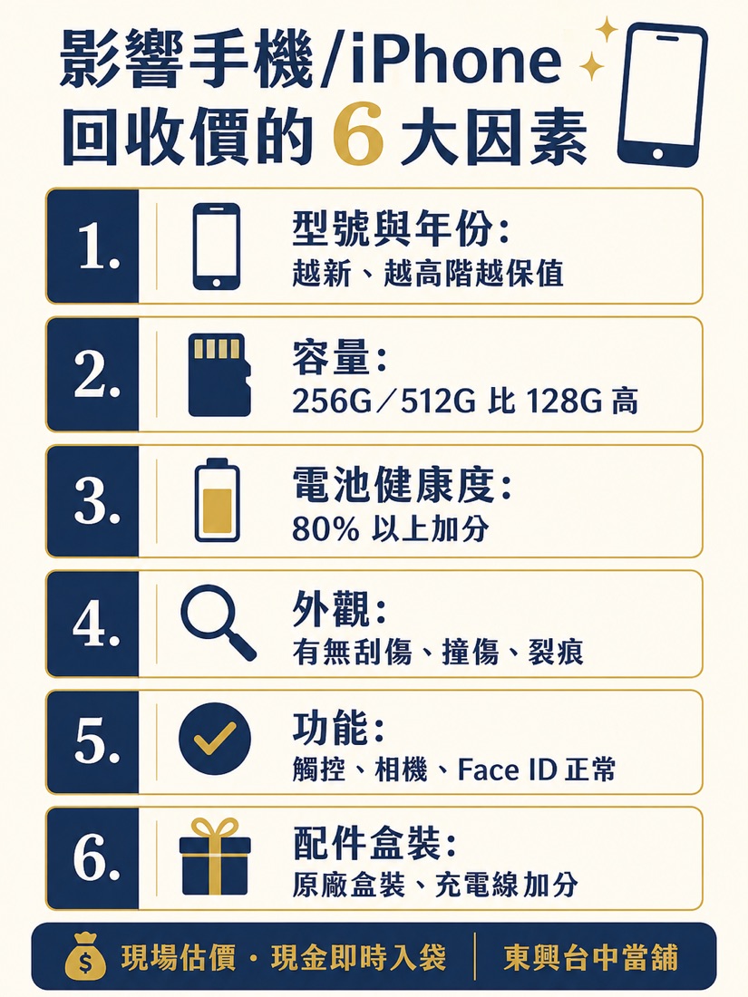 影響手機 iPhone 回收價的6大因素：型號年份、容量、電池健康度、外觀、功能、配件盒裝｜東興台中當舖