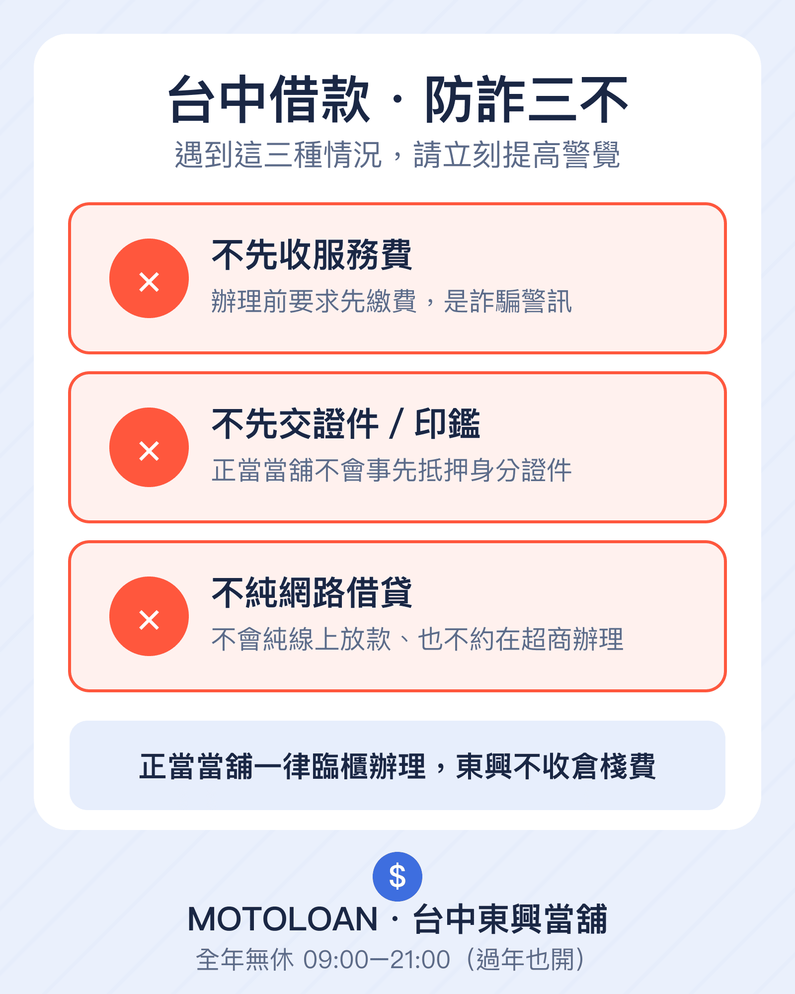 借款防詐三不：不先收費、不交證件、不純網路借貸