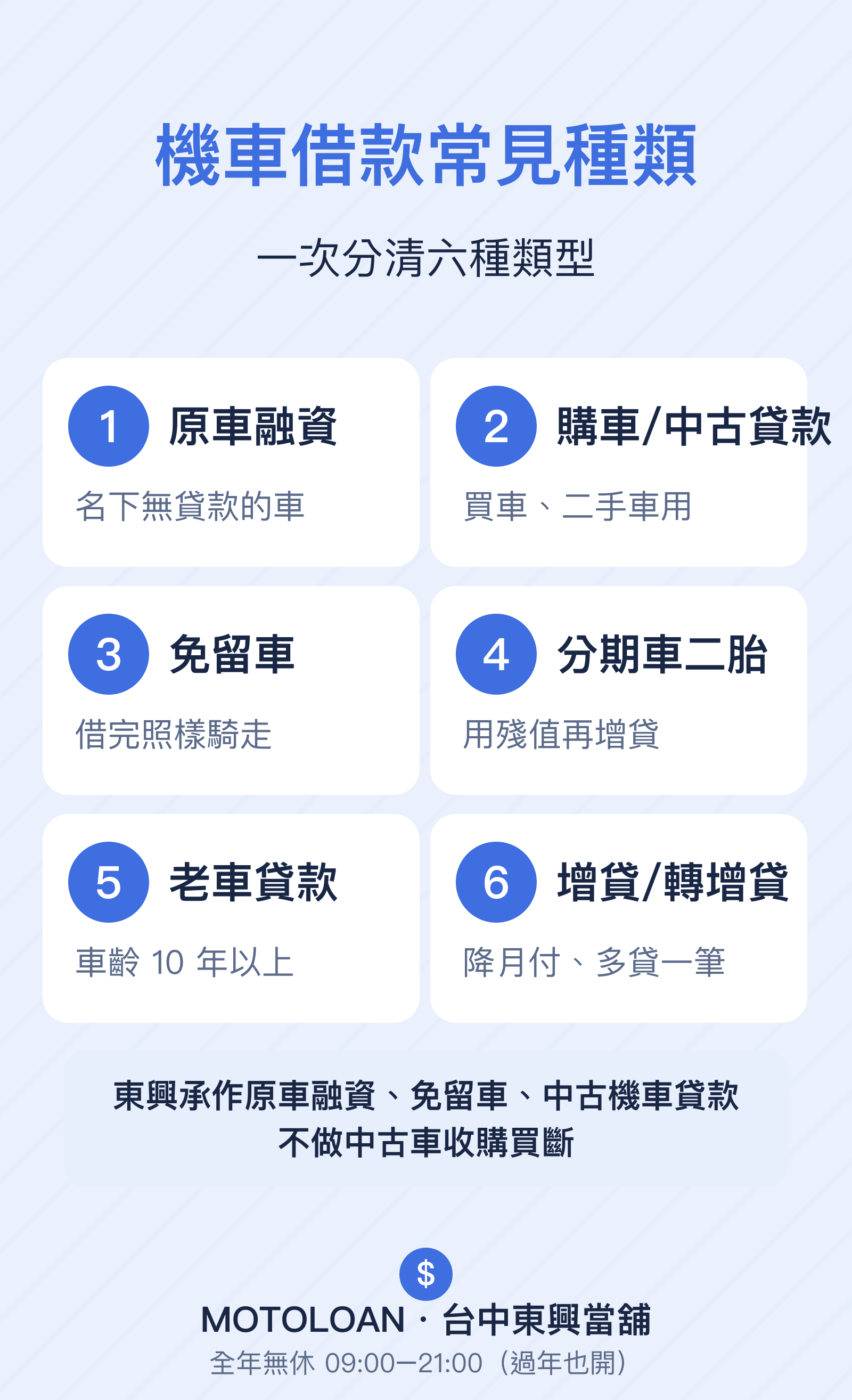 機車借款6種類，東興承作原車融資/免留車/中古機車貸款、不做收購買斷