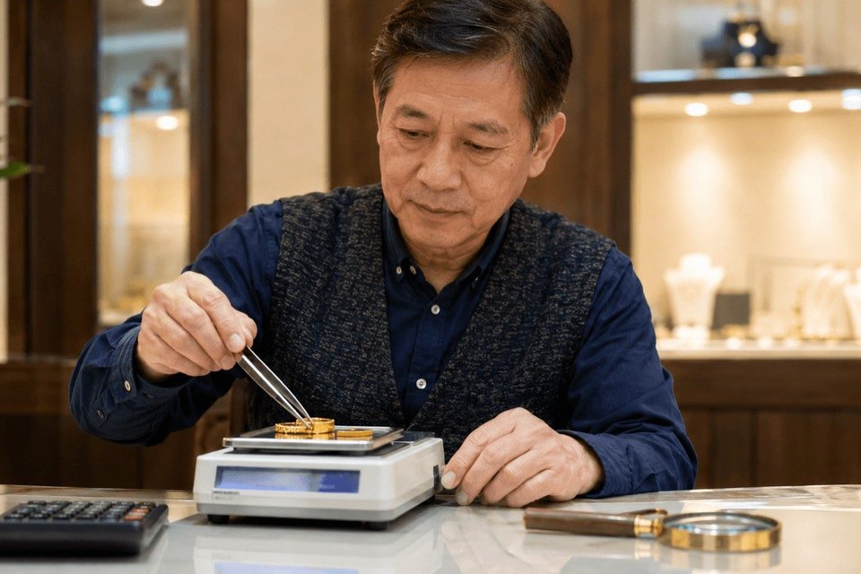 台中黃金回收估價，東興當舖老闆親自用電子秤秤金、不亂扣重